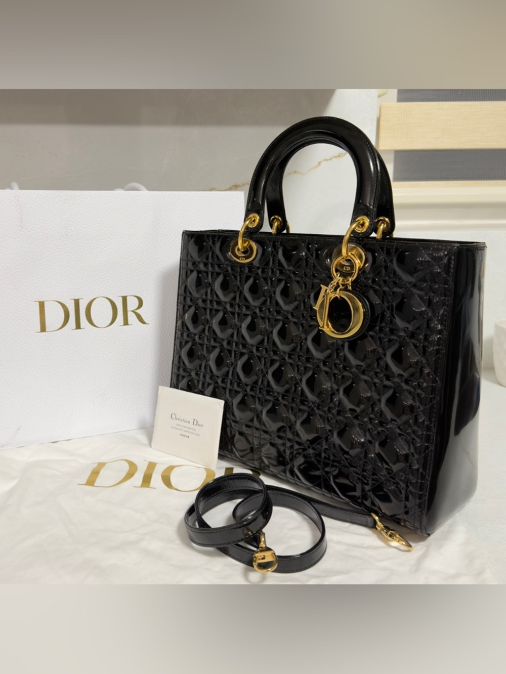 Dior Black Patent Lady Dior Tote with Gold Hardware